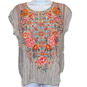 Savanna Jane Small Floral Embroidered Striped Top Boho Hippie Trendy